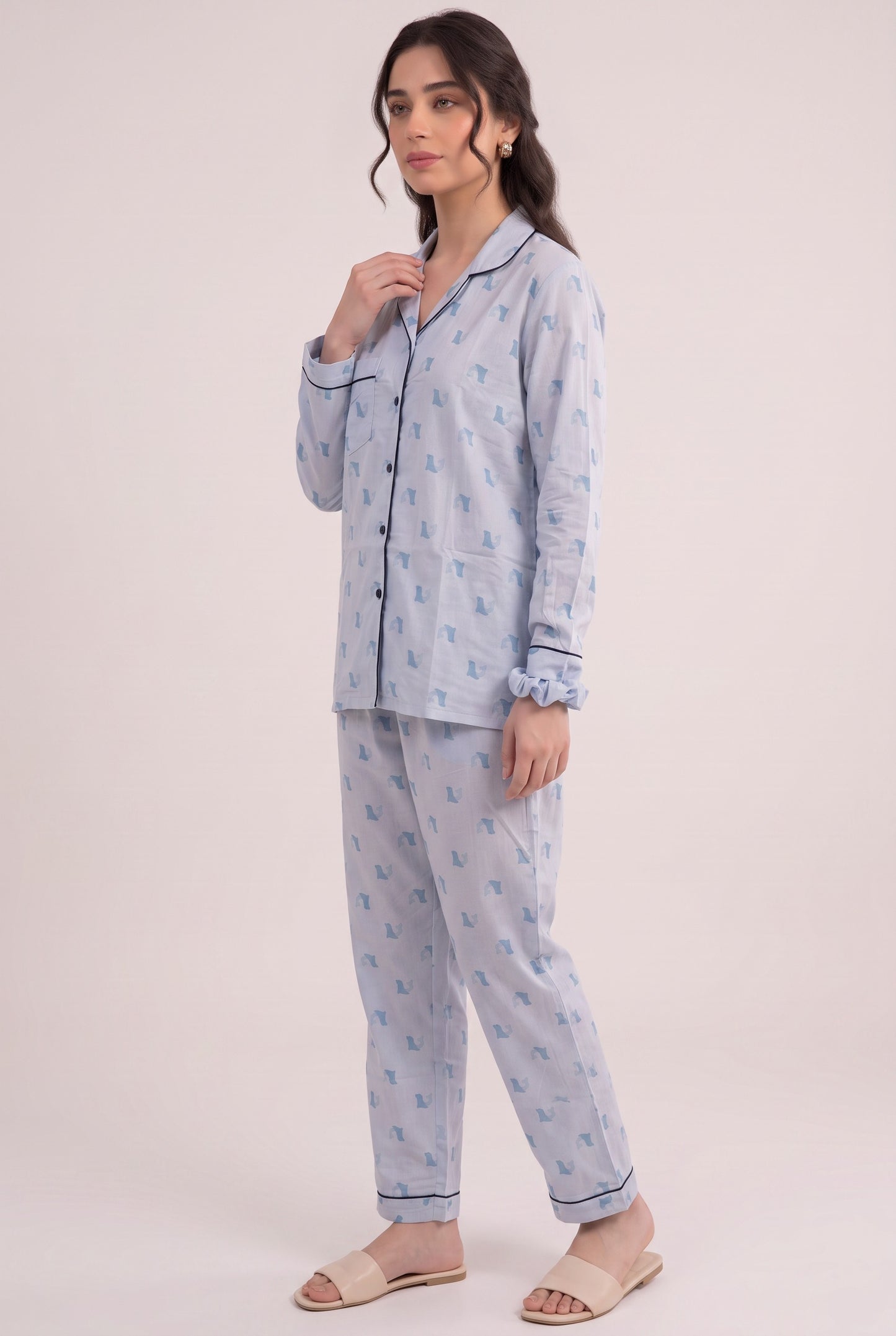 Linen Printed Lounge Set – Misty Sky Blue