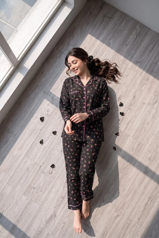 Linen Floral Lounge Set – Midnight Blossom