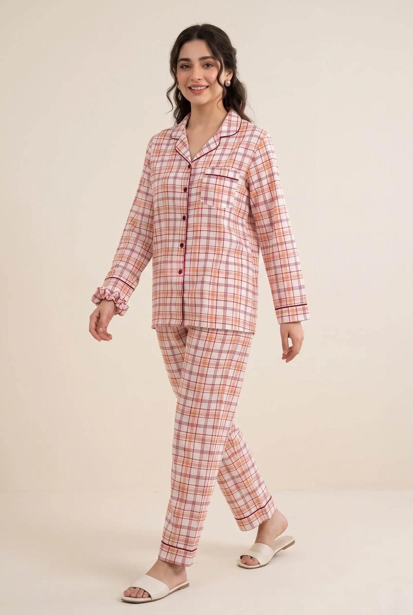 Linen Checkered Lounge Set – Blush Pink