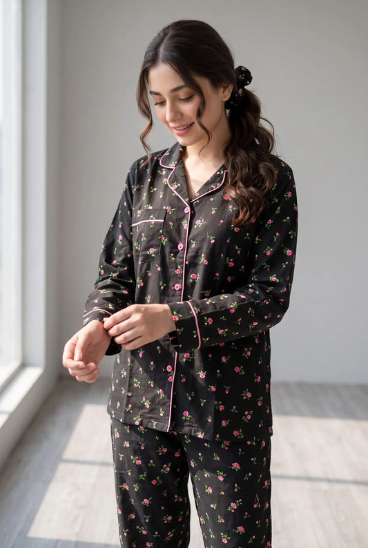 Linen Floral Lounge Set – Midnight Blossom