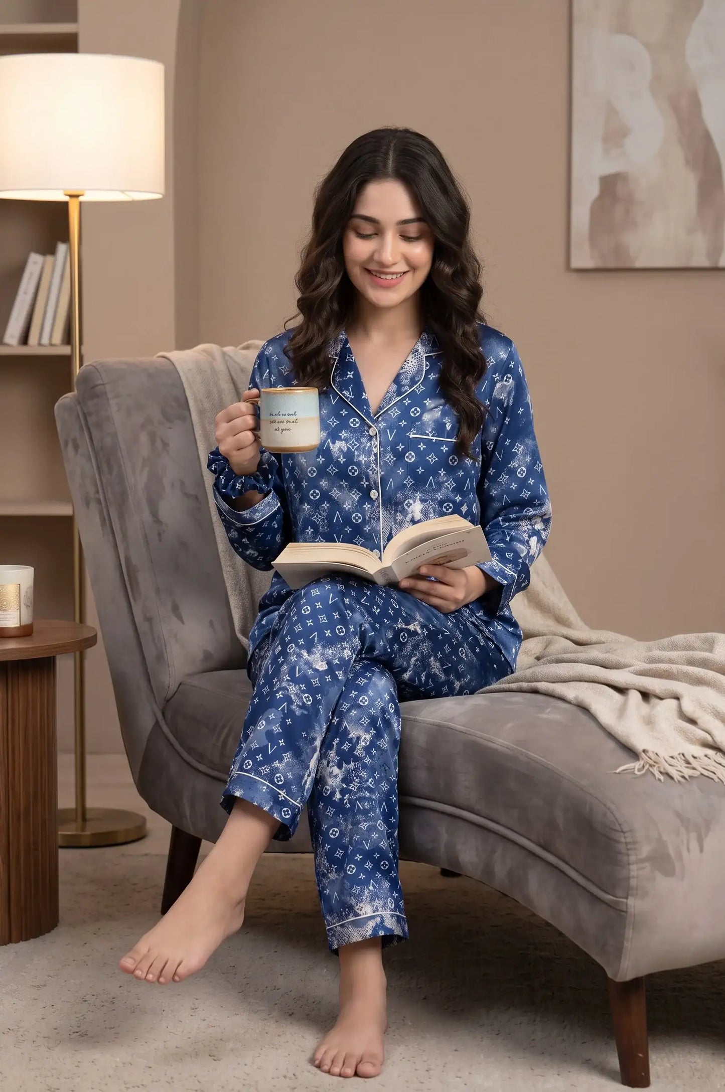 Linen Printed Lounge Set – Royal Blue