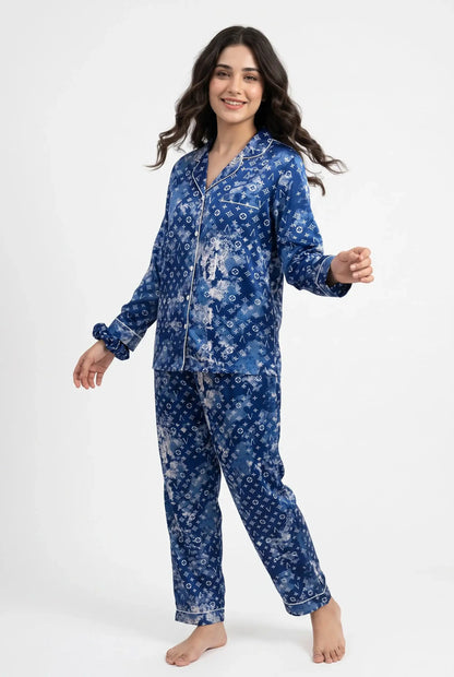 Linen Printed Lounge Set – Royal Blue