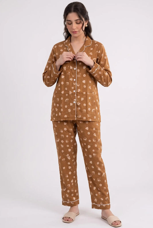 Linen Printed Lounge Set – Caramel Meadow