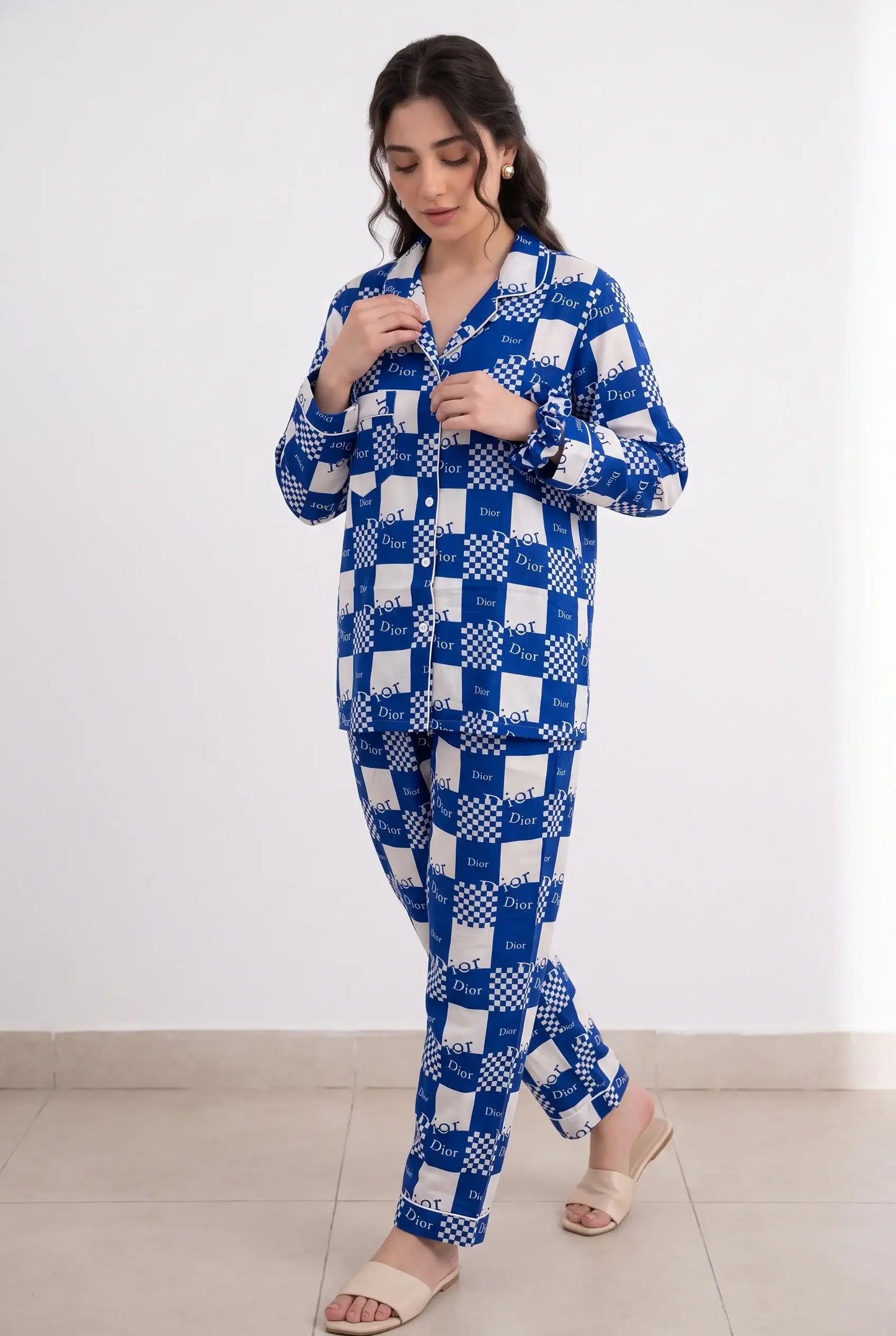 Linen Printed Lounge Set – Azure Check