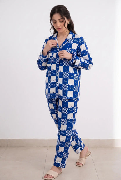 Linen Printed Lounge Set – Azure Check