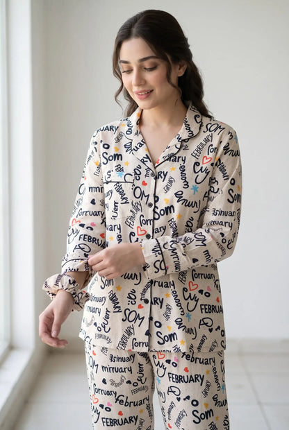 Linen Printed Lounge Set – Cream Playful Words