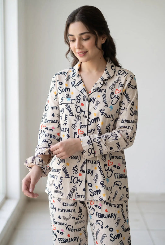 Linen Printed Lounge Set – Cream Playful Words