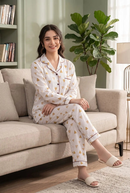 Linen Printed Lounge Set – Geometric Dune & Gold