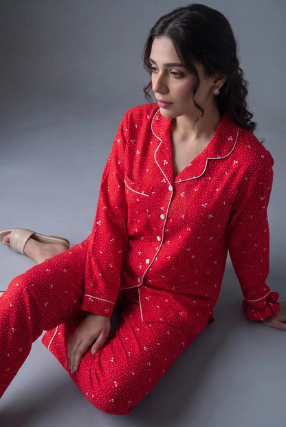 Linen Printed Lounge Set – Ruby Red