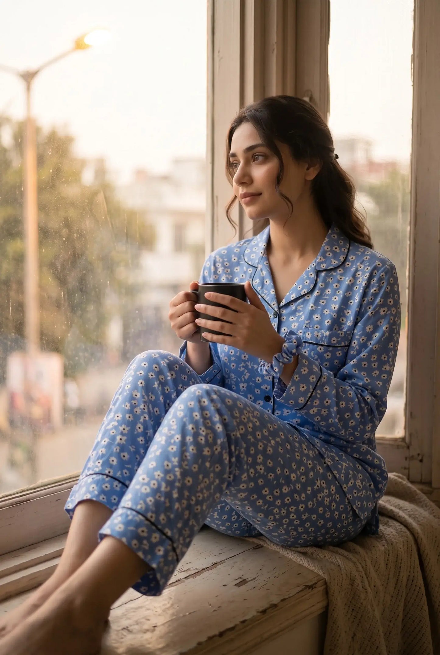 Linen Floral Lounge Set – Powder Blue