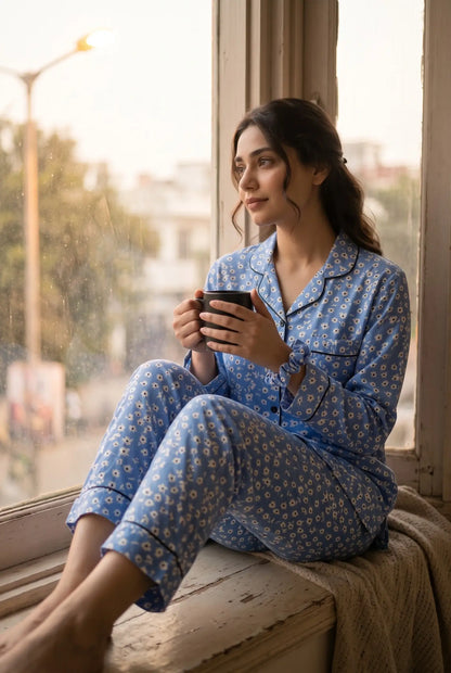 Linen Floral Lounge Set – Powder Blue