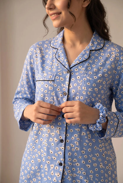 Linen Floral Lounge Set – Powder Blue