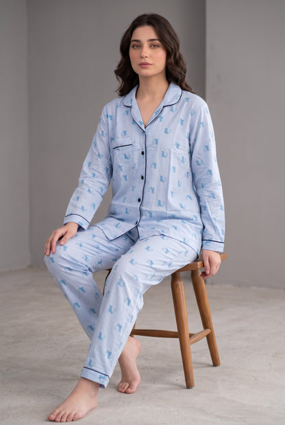Linen Printed Lounge Set – Misty Sky Blue