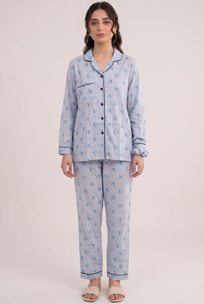 Linen Printed Lounge Set – Misty Sky Blue