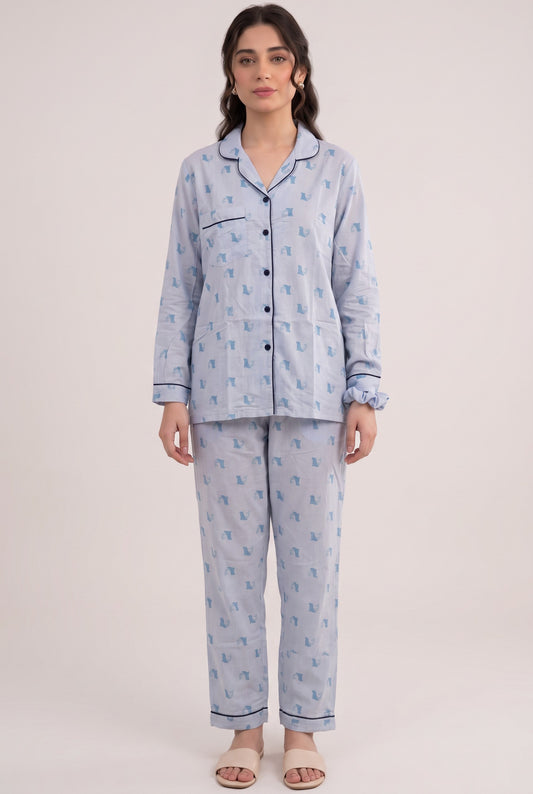 Linen Printed Lounge Set – Misty Sky Blue