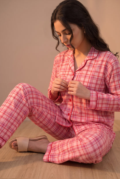 Linen Printed Lounge Set – Pink Plaid