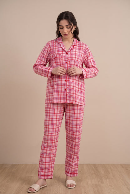 Linen Printed Lounge Set – Pink Plaid