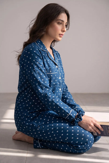 Linen Heart Print Lounge Set – Bluebell Hearts