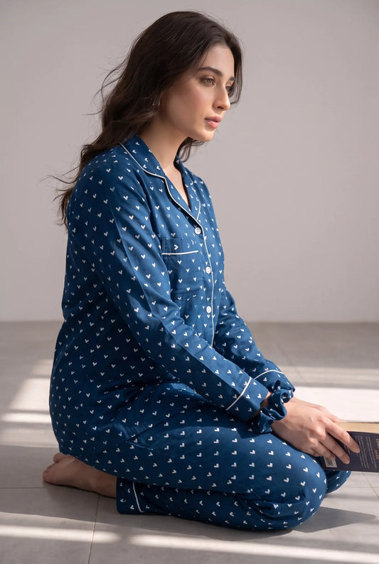 Linen Heart Print Lounge Set – Bluebell Hearts