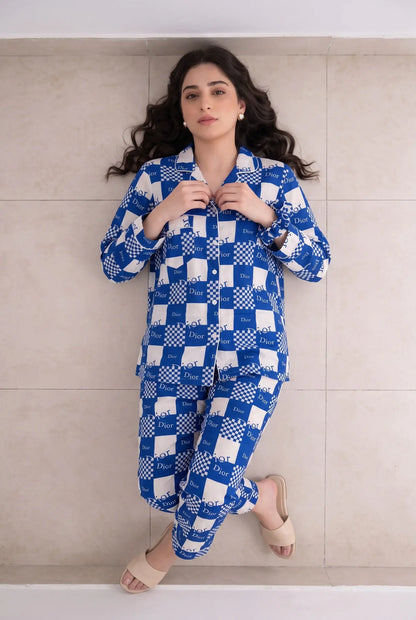 Linen Printed Lounge Set – Azure Check