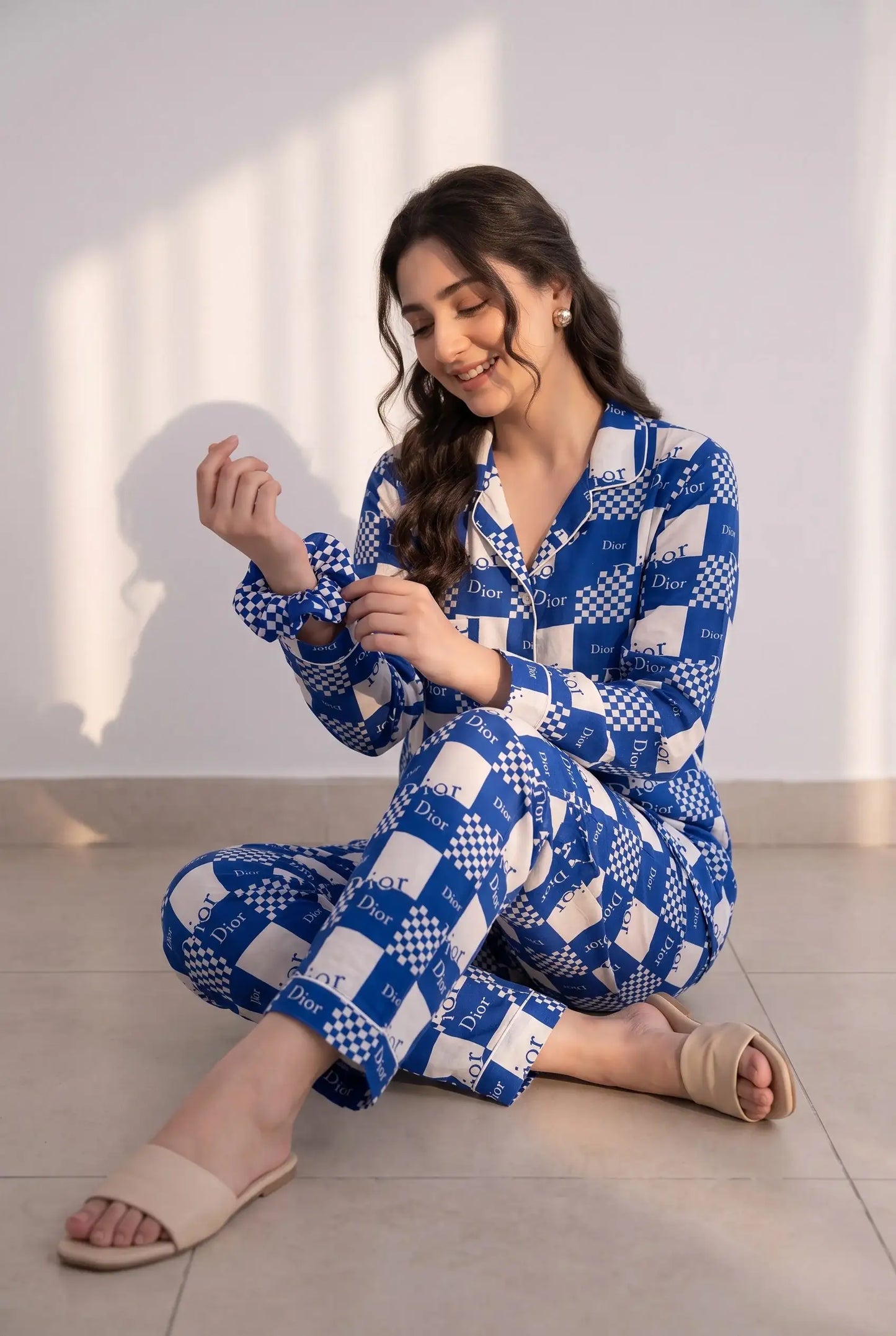 Linen Printed Lounge Set – Azure Check
