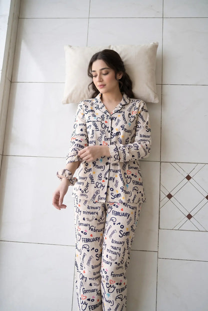Linen Printed Lounge Set – Cream Playful Words