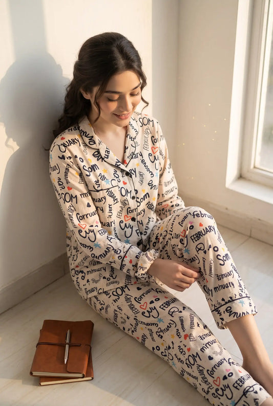 Linen Printed Lounge Set – Cream Playful Words