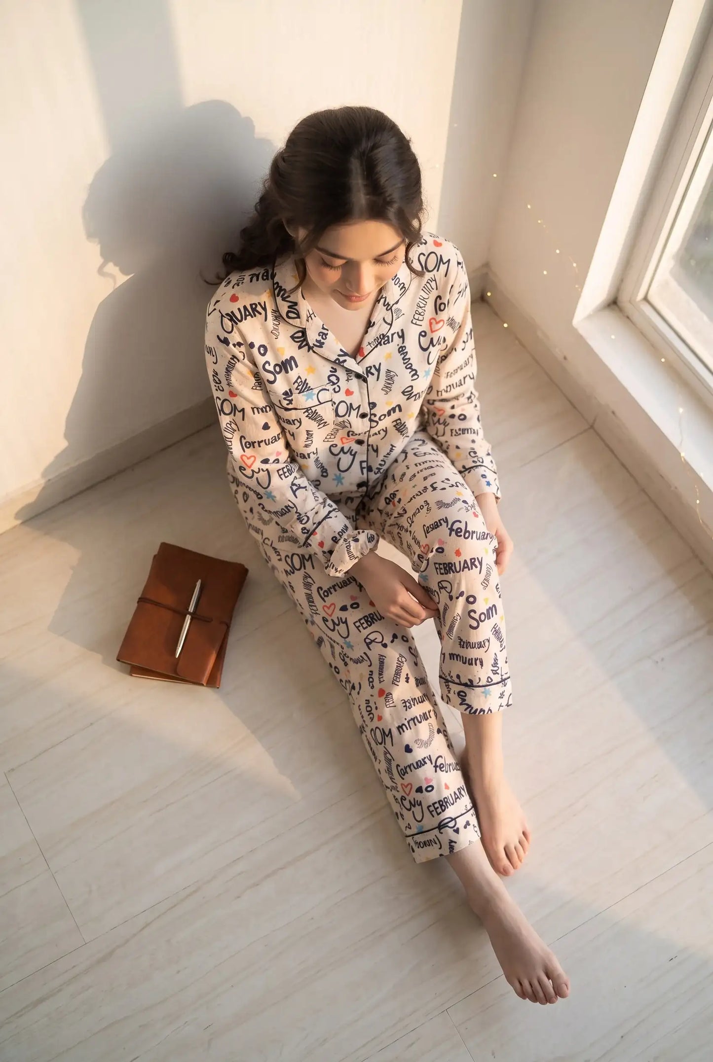 Linen Printed Lounge Set – Cream Playful Words
