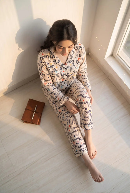 Linen Printed Lounge Set – Cream Playful Words