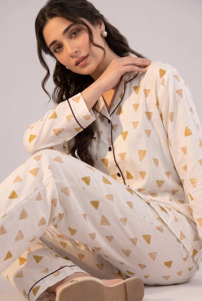 Linen Printed Lounge Set – Geometric Dune & Gold