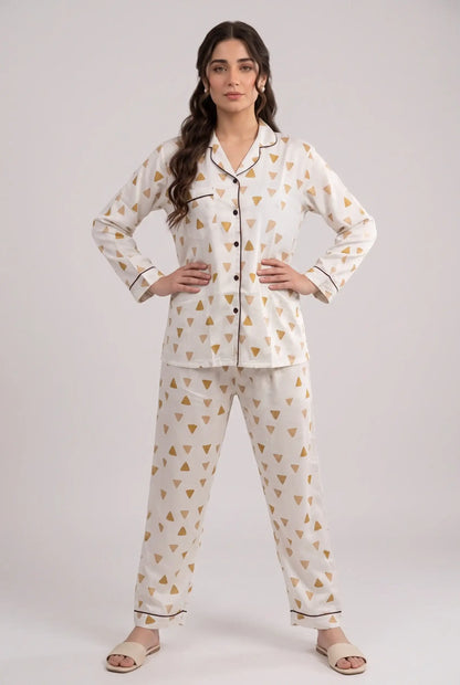 Linen Printed Lounge Set – Geometric Dune & Gold
