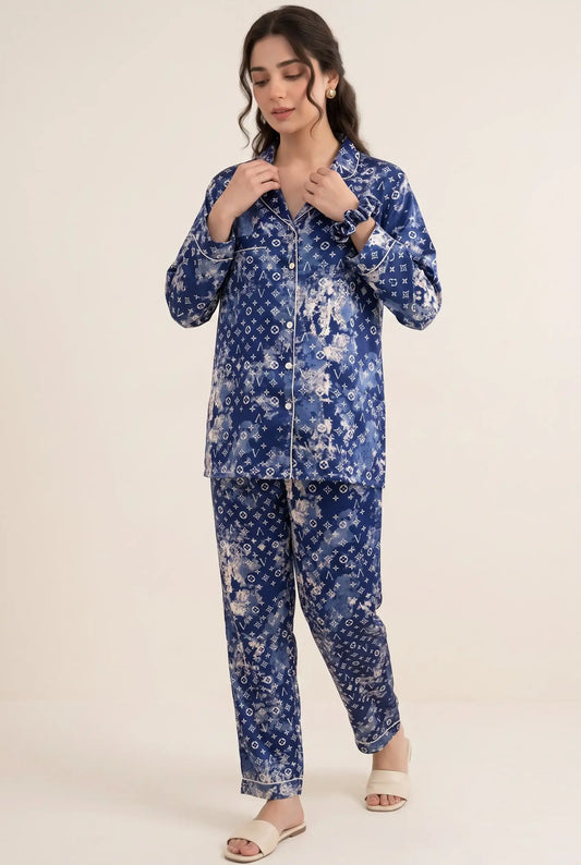 Linen Printed Lounge Set – Royal Blue